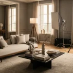 Clean and brightly lit modern living room staged and prepped for a real estate photo shoot.