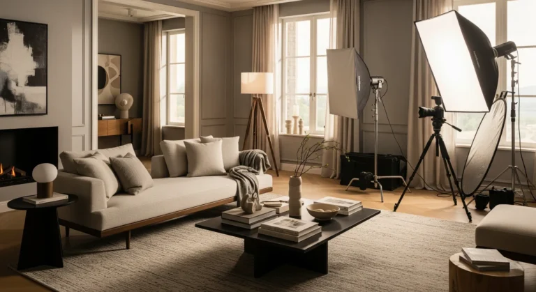 Clean and brightly lit modern living room staged and prepped for a real estate photo shoot.