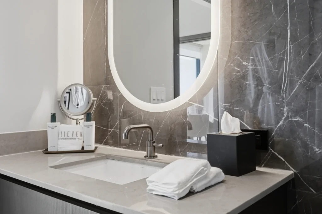 Detail of a luxury condo bathroom sink area in downtown Miami. Photographed by Golden Pixxel Media.