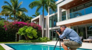 Miami real estate photographer taking exterior photos at a luxury home listing for a realtor