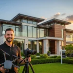 Luxury real estate photographer in front of a luxury home in Miami getting ready to take photos with his camera and drone.
