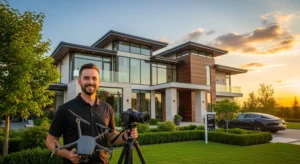Luxury real estate photographer in front of a luxury home in Miami getting ready to take photos with his camera and drone.
