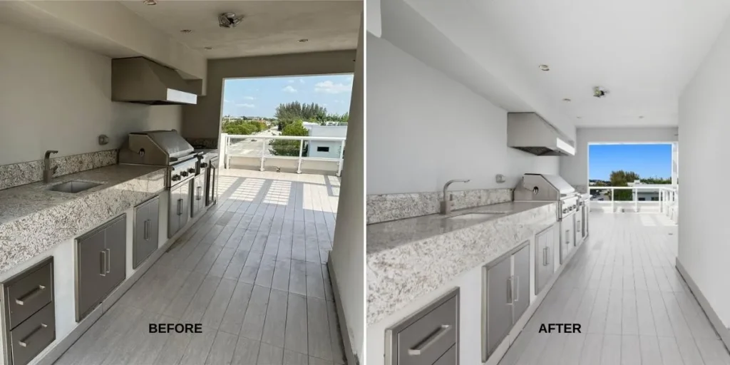Real estate photography before and after comparison. Miami townhouse rooftop with summer kitchen. Professional photo by Golden Pixxel Media.