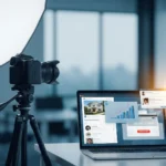 Professional camera setup and laptop showing digital marketing strategies for real estate agents.