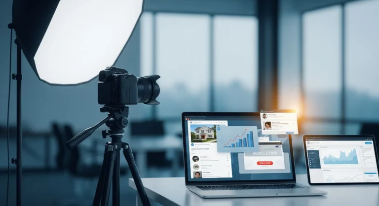 Professional camera setup and laptop showing digital marketing strategies for real estate agents.